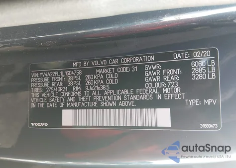 2020 Volvo Xc90 T6 Inscription 7 Passenger from USA, damaged, VIN YV4A22PL1L1604758